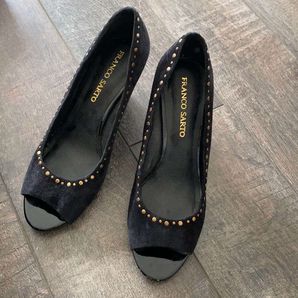 Franco Sarto gold studded black velvet heels